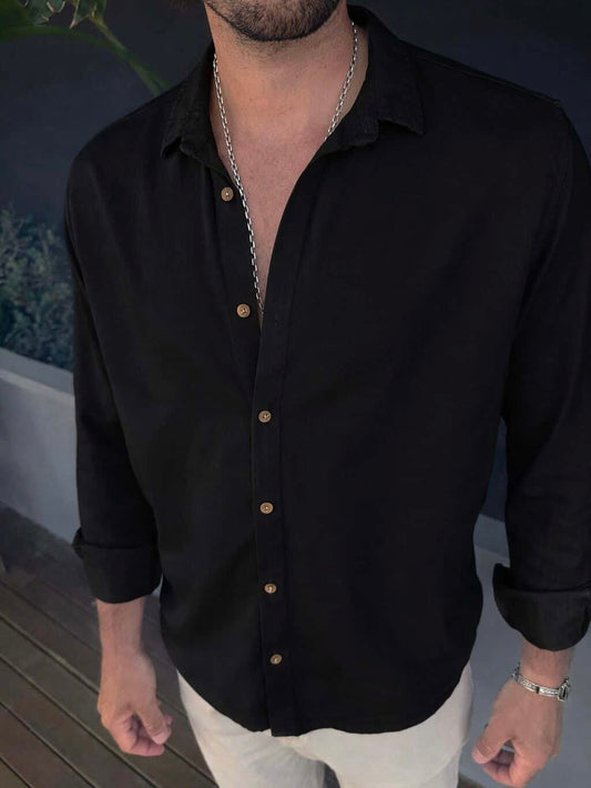 Camisa Cuello Lino Negro