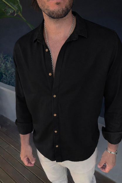 Camisa Cuello Lino Negro