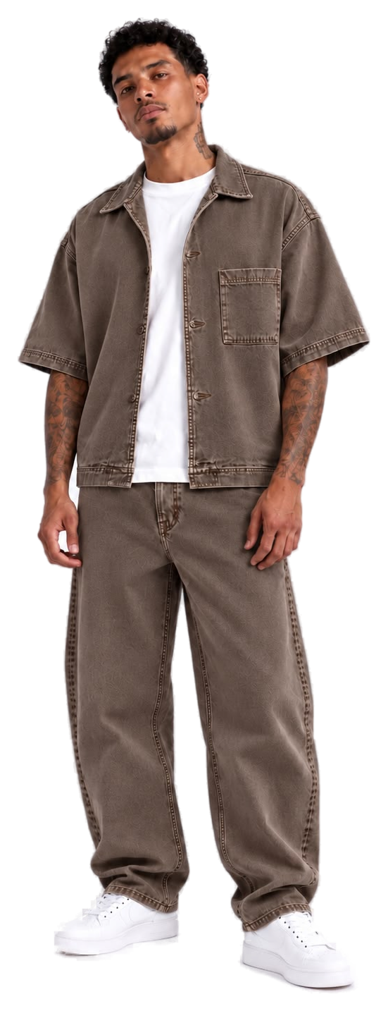 Conjunto pigmentado castano oscuro: sobrecamisa y barrel