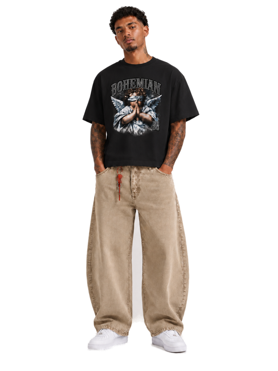 Outfit remera boxy angel black con barrel pigmentado beige