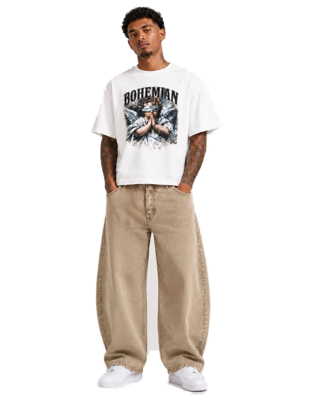 Outfit remera boxy angel offwhite con barrel pigmentado beige