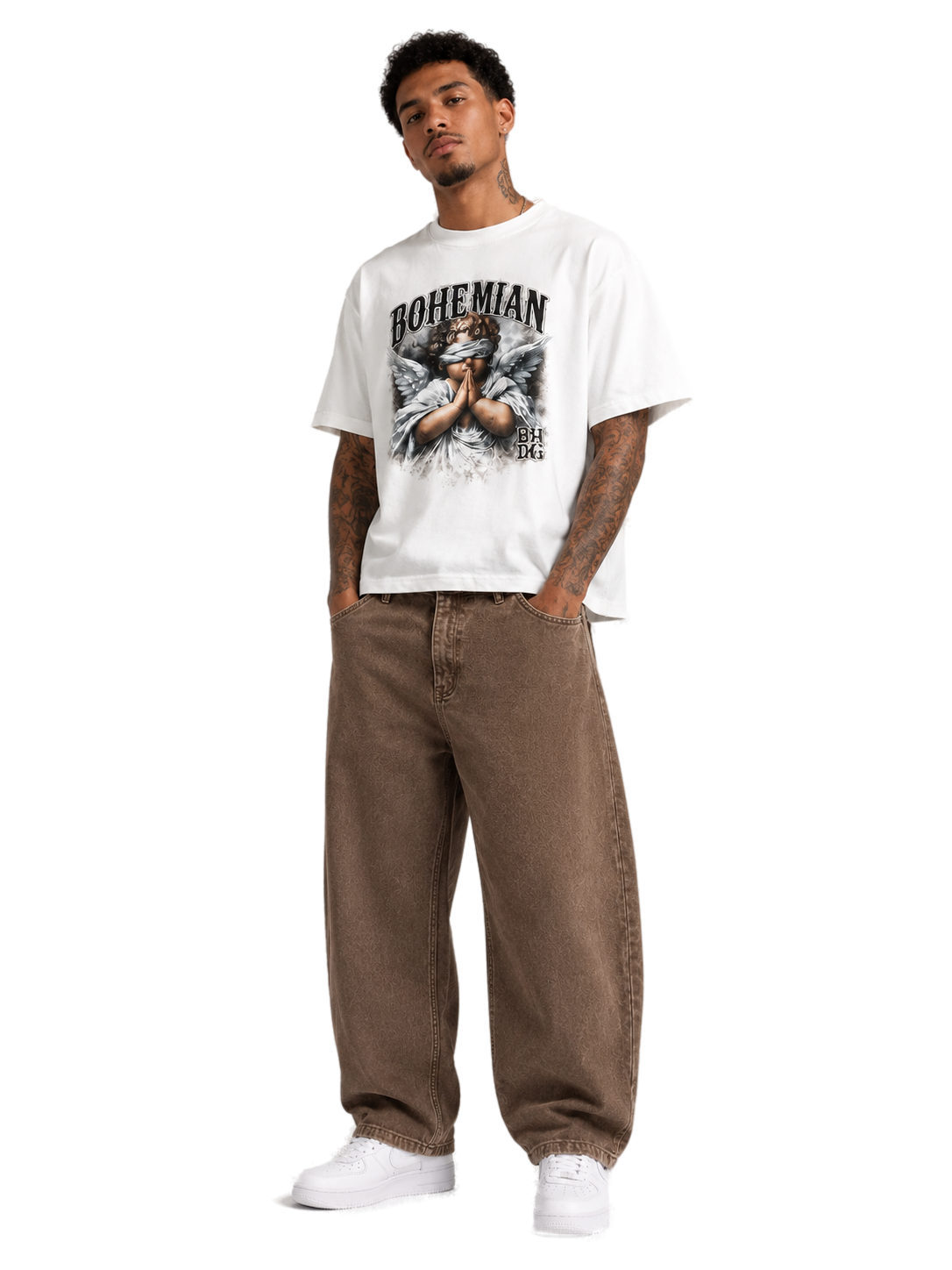 Outfit remera boxy angel offwhite con barrel pigmentado castana