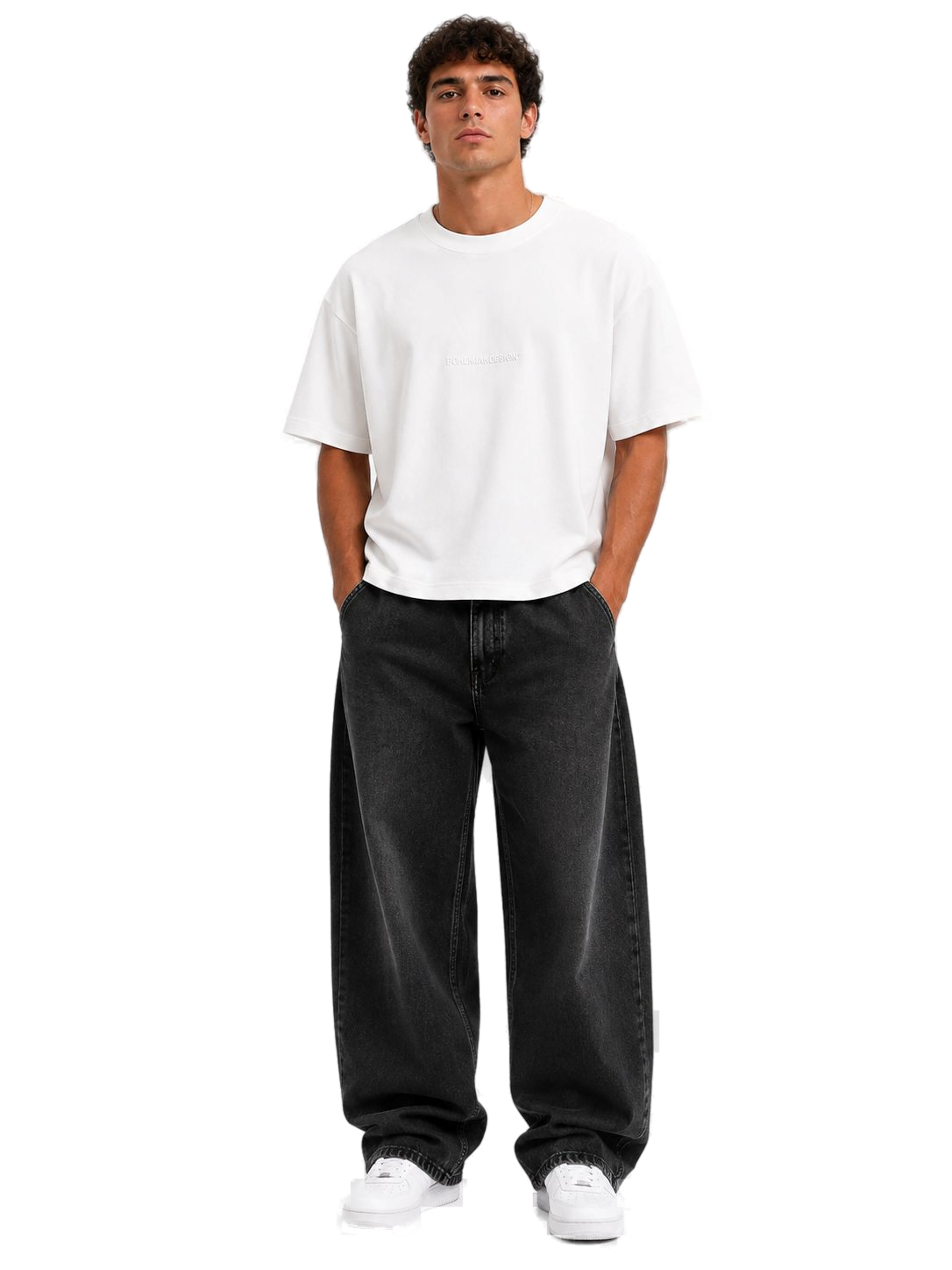 Outfit remera algodon pesado con jean barrel black