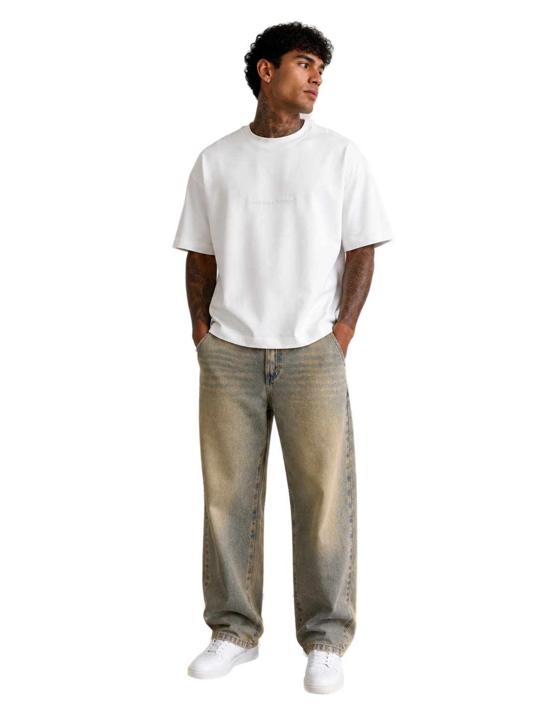 Outfit remera algodon pesado off white con BAGGY Jean Oxido