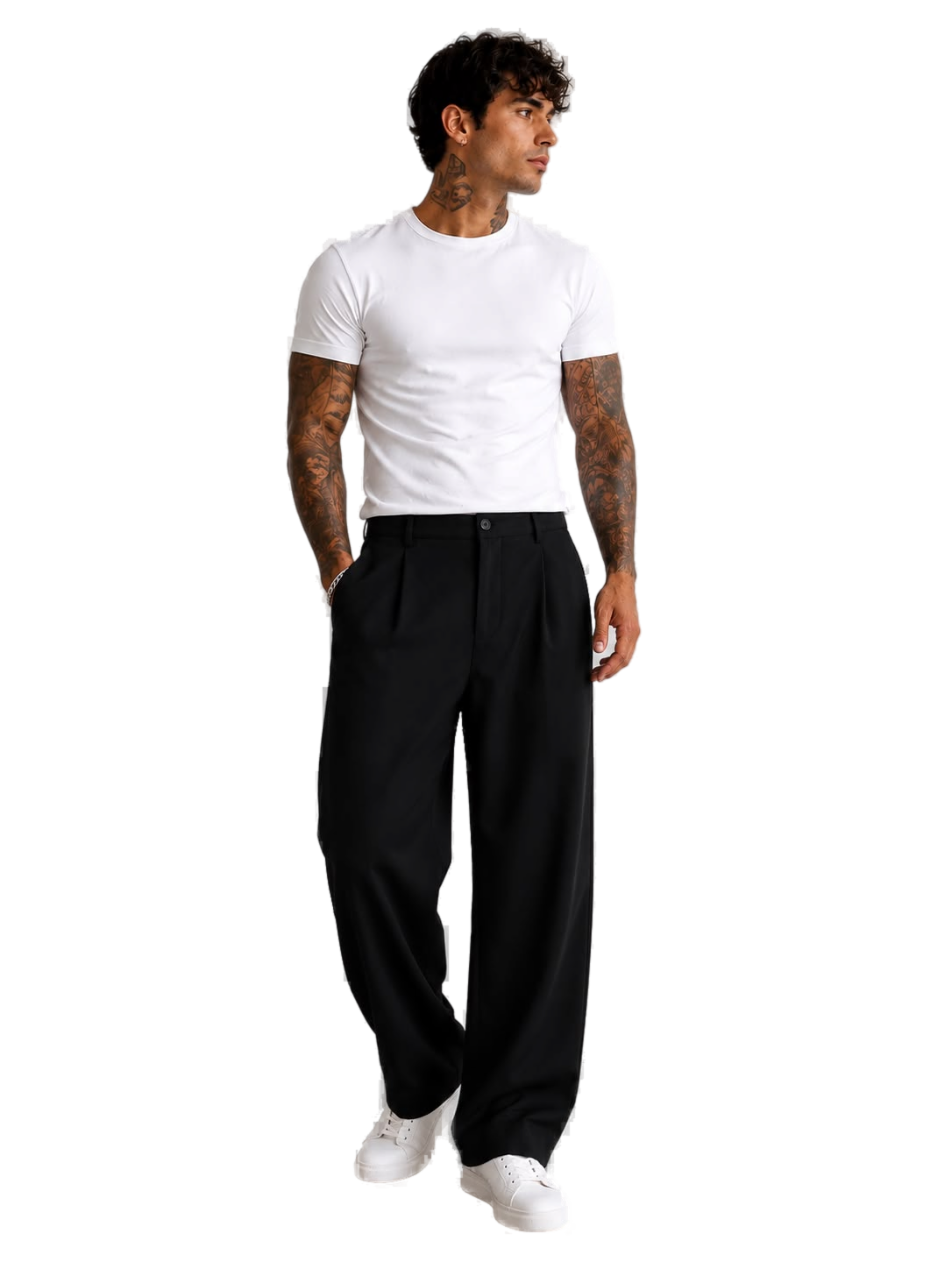 Outfit remera classic slim blanca con pantalon sastrero negro